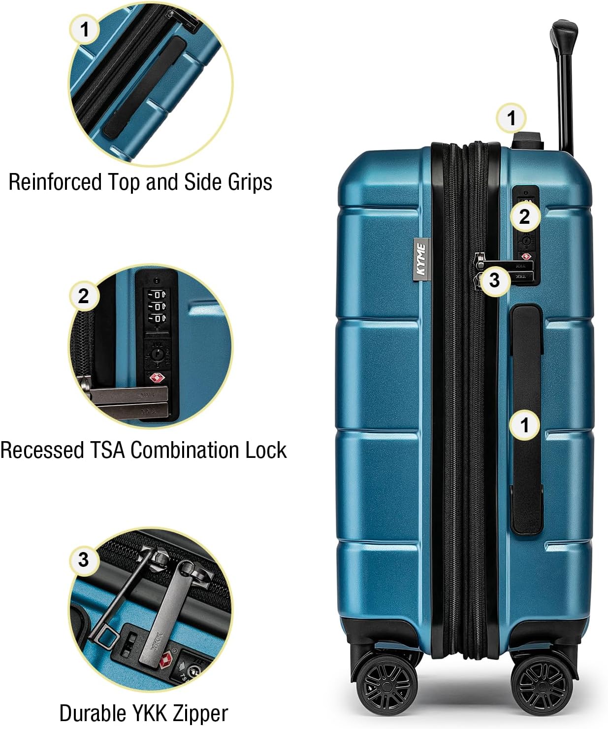 KYME Hardside Expandable Carry On Luggage 22x14x9 Airline Approved 20 Inch Hardshell Carry On Suitcase with Wheels TSA Lock Small Travel Rolling Luggage with Cup Holder for Women Men Lt Blue