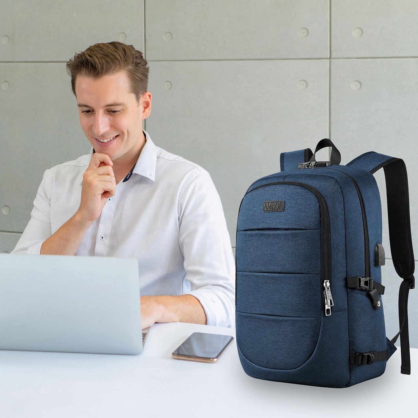 AMBOR 15.6-17.3 Inch Laptop Backpack, Anti Theft Business Travel Backpack with USB Charging Port and Headphone Interface, Water Resistant Computer Bag for Men & Women, Blue