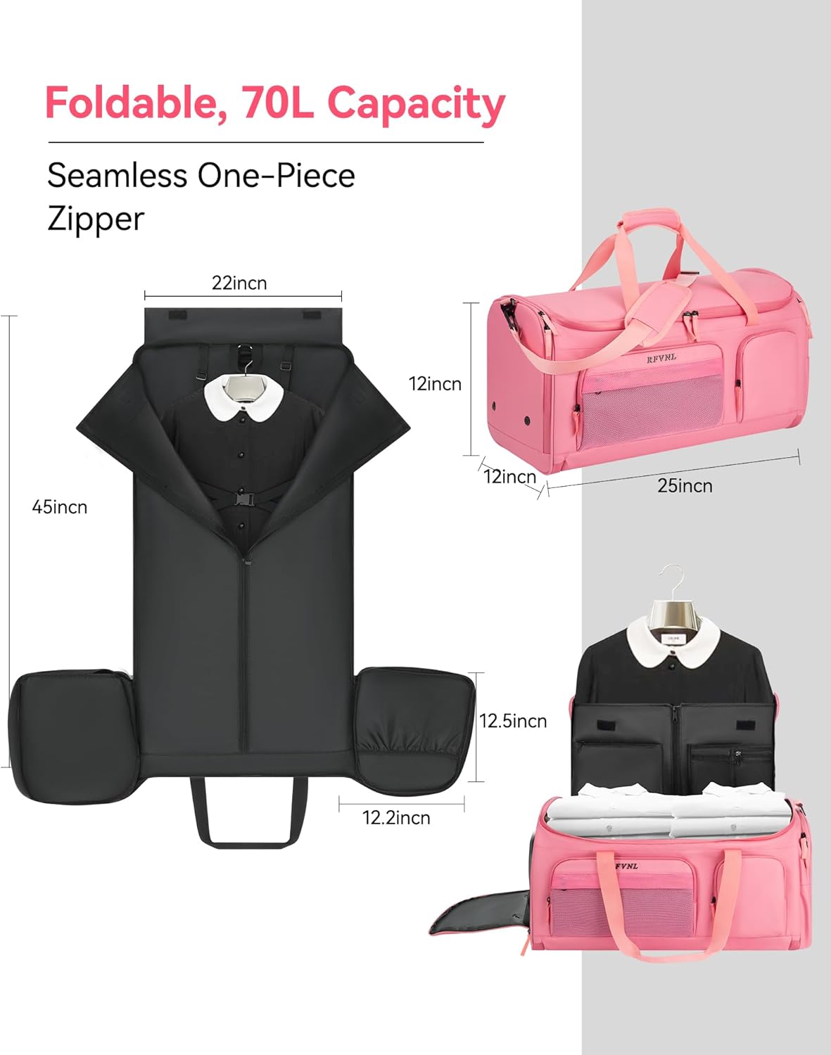 Large 3 In 1 Waterproof Garment Duffle Bags with Shoe Compartment, Mens Carry On Convertible Garment Bags Combo with Wet Compartment, Suit Bag Travel for Men and Women (pink)