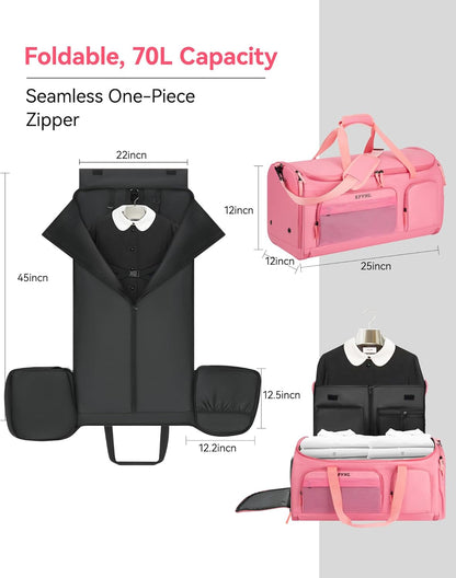 Large 3 In 1 Waterproof Garment Duffle Bags with Shoe Compartment, Mens Carry On Convertible Garment Bags Combo with Wet Compartment, Suit Bag Travel for Men and Women (pink)
