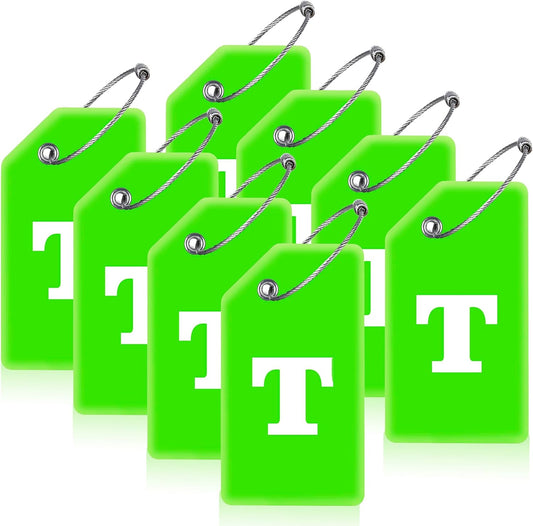8 Pcs Luggage Tags for Suitcases, 26 Initial Letter Travel Luggage Baggage Identification Labels ID Tags Fully Bendable Tags with Stainless Steel Loop (Letter T, Green)