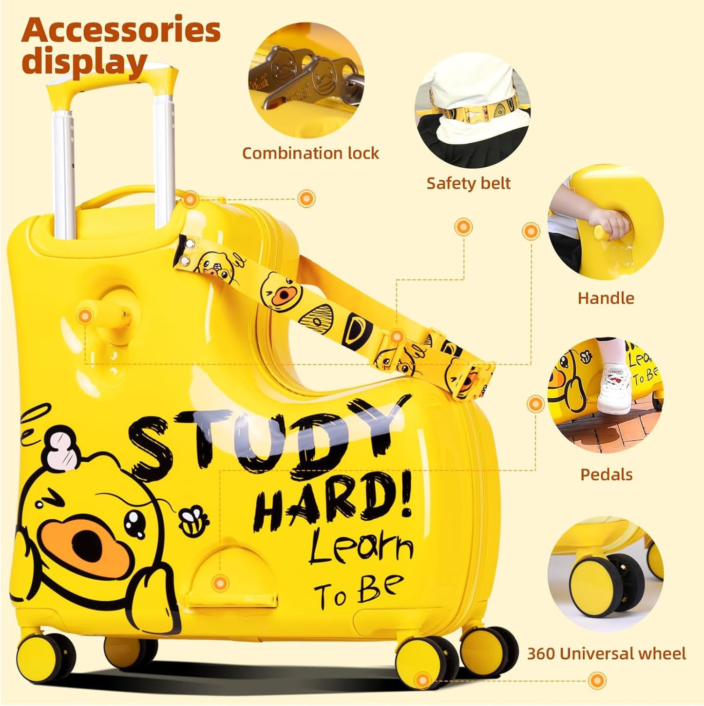 Kids' Lightweight Ride on Luggage with Spinner Wheels & Foldabe Design (Yellow Study, 20"+ Aged 1-3 Toddler),Children Holiday Birthday Gift