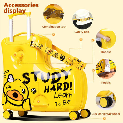 Kids' Lightweight Ride on Luggage with Spinner Wheels & Foldabe Design (Yellow Study, 20"+ Aged 1-3 Toddler),Children Holiday Birthday Gift