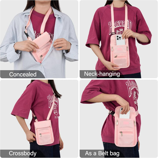 Hanke Passport Holder, Travel Wallet for Womens and Men, Neck Wallet Hidden Passport Pouch for Travel Adjustable Lightweight Thin with 6 compartments (Pink)