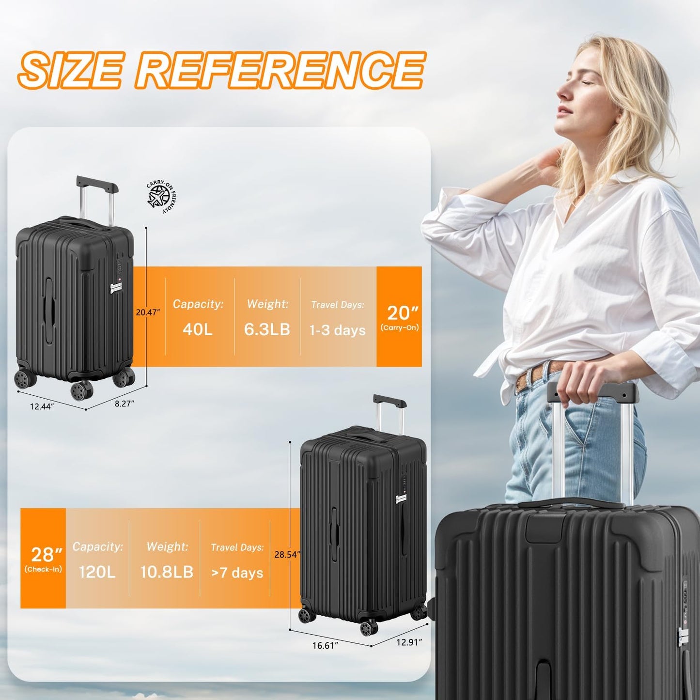 Krute Luggage Sets 2 Piece Suitcase with Spinner Wheels PC+ABS Hardside Suitcases Charging Port TSA Lock Carry On Luggage with Cup Holder 20+28 Inch