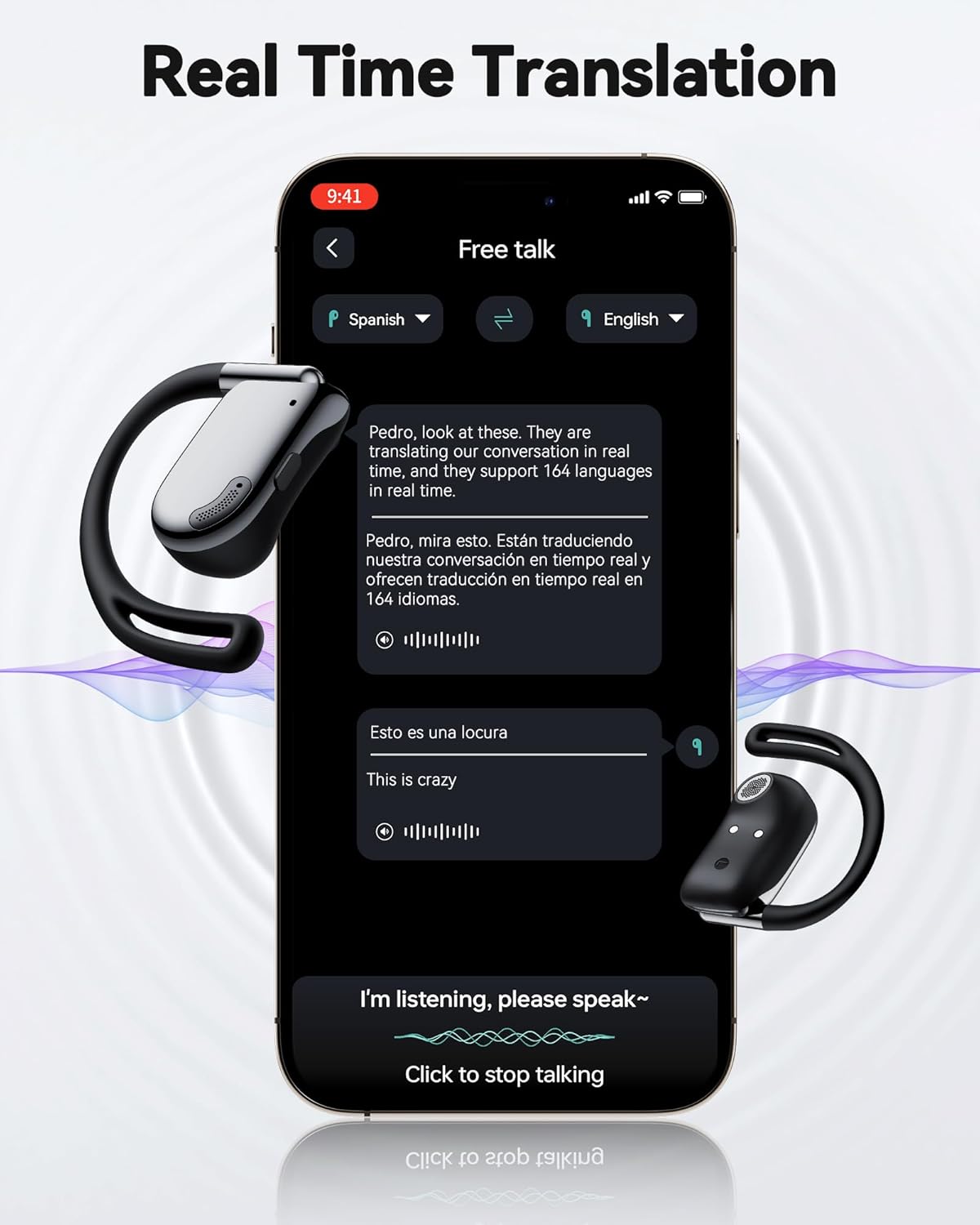 AI Translation Earbuds Real Time, 164 Languages & Accents, 4-in-1 Translator Earbuds Open Ear with 90H Playtime Audifonos Traductores Inglés Español Translation Headphones for Travel Business Meeting