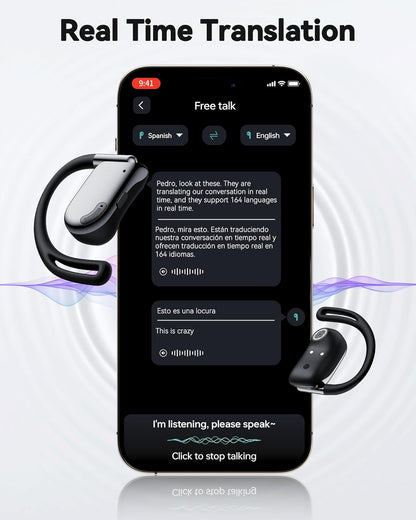 AI Translation Earbuds Real Time, 164 Languages & Accents, 4-in-1 Translator Earbuds Open Ear with 90H Playtime Audifonos Traductores Inglés Español Translation Headphones for Travel Business Meeting