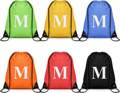 ZOMFELT 6Pcs Drawstring Backpack Drawstring Gym Bags, Foldable Draw String Backpack with Multiple Colors and Letters, Lightweight Polyester Cinch Bag for Gift, Beach, Sports, Travel, Swim (Letter M)