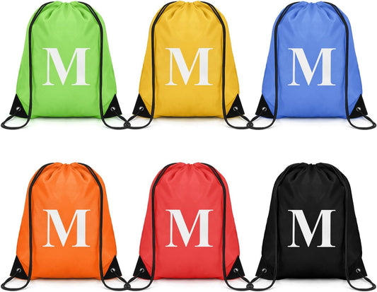 ZOMFELT 6Pcs Drawstring Backpack Drawstring Gym Bags, Foldable Draw String Backpack with Multiple Colors and Letters, Lightweight Polyester Cinch Bag for Gift, Beach, Sports, Travel, Swim (Letter M)
