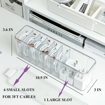Yesesion Plastic Cable Organizer Box with 7 Compartments, Clear Cords Storage Case for Desk Drawer Accessories, Phone Charger, Art Crafts, Stationery Holder for Marker Pen, Pencils, Crayons