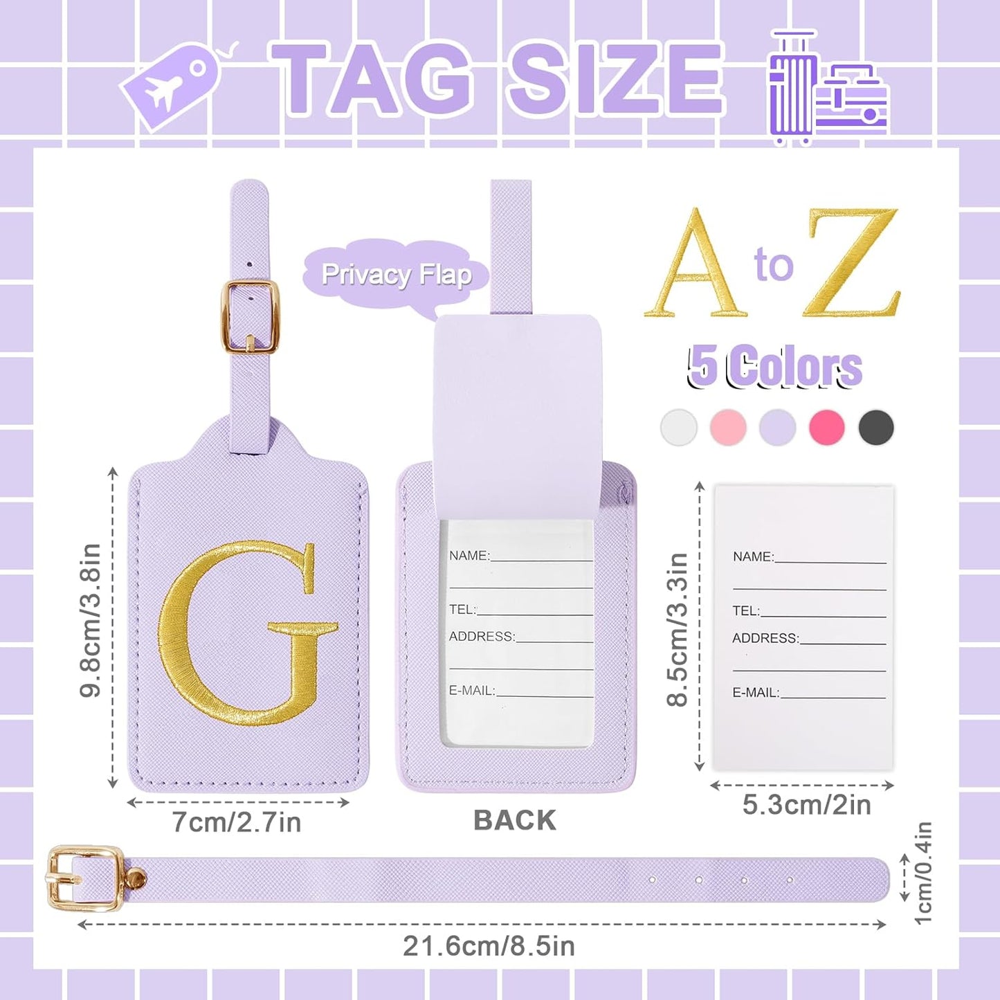 Personalized Initial Luggage Tags for Suitcase, Purple Leather Cute Luggage Tags with Privacy Cover Name Card, Embroidered Custom Monogrammed Luggage Tag Travel Backpack Tags Gifts for Women Kids(G)