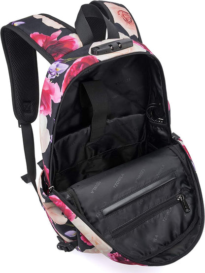 Tzowla Business Laptop Backpack Water Resistant Anti-Theft with USB Charging Port and Lock 15.6 Inch Computer Backpacks for Men, Women, Casual Hiking Travel Daypack (Flower)