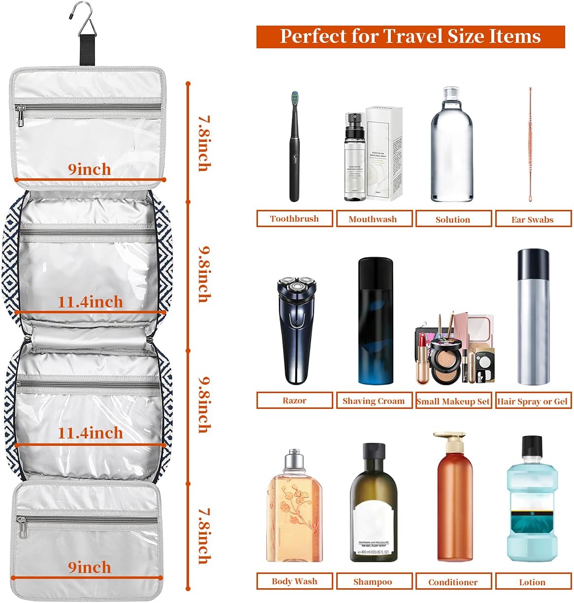 Hanging Travel Toiletry Bag,Large Capacity Cosmetic Travel Toiletry Organizer for Women with 4 Compartments & 1 Sturdy Hook,Perfect for Travel/Daily Use/Christmas