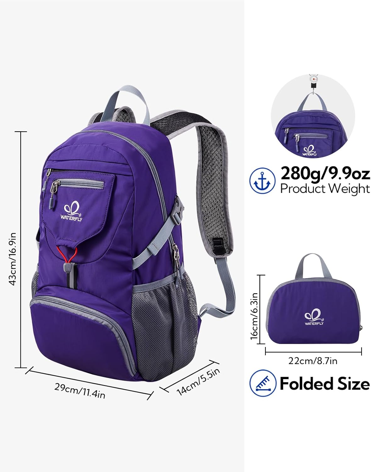 WATERFLY Small Lightweight Packable Backpack: 20l Ultra Light Foldable Travel Hiking Camping Daypack Day Pack for Man Woman