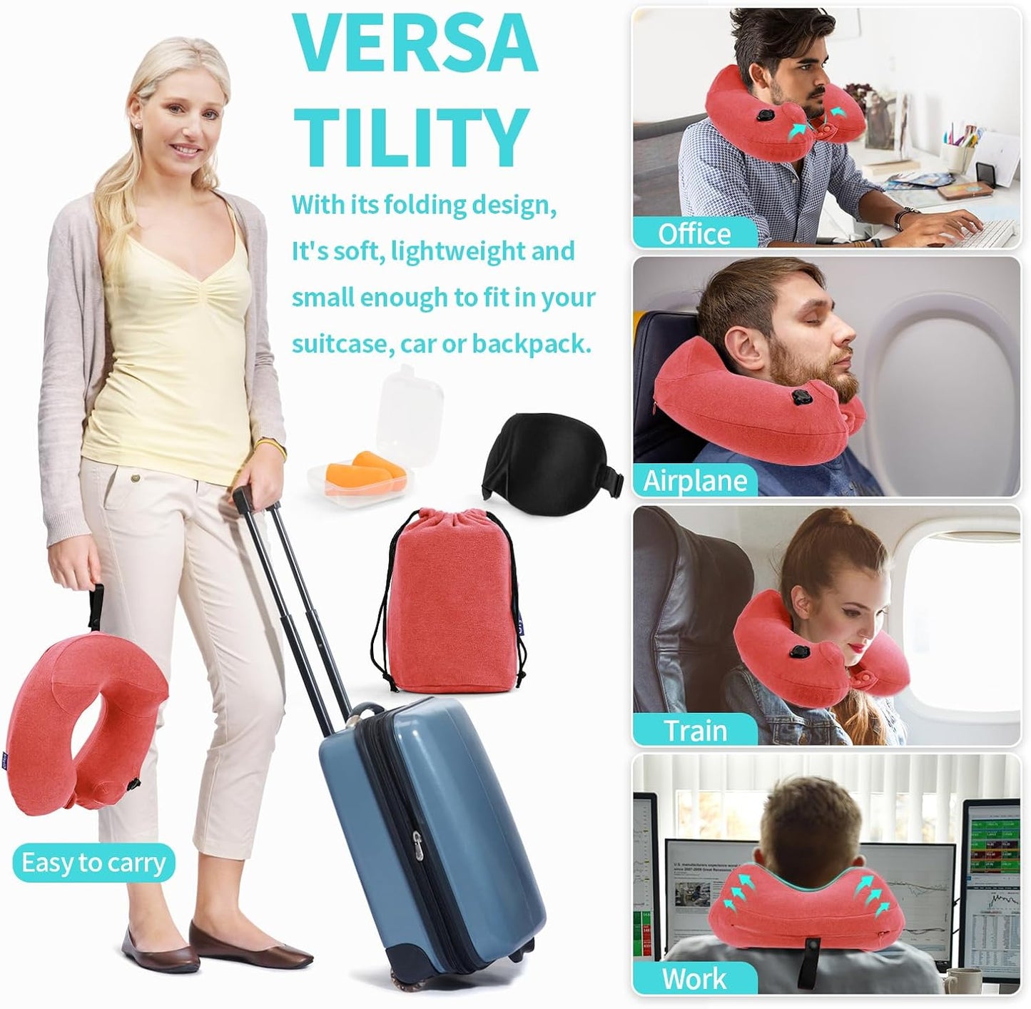 2 Pack Inflatable Travel Neck Pillows for Airplanes, Head Support Velvet Adult Neck Pillows for Long Flight, Kit with Eye Mask, Earplugs and Storage Bag, 2, Rose Pink