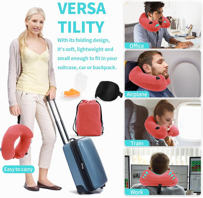 Inflatable Travel Neck Pillow for Airplane, Head Support Velvet Adult Neck Pillow for Long Flight, Kit with Eye Mask, Earplugs and Storage Bag,1, Rose Pink