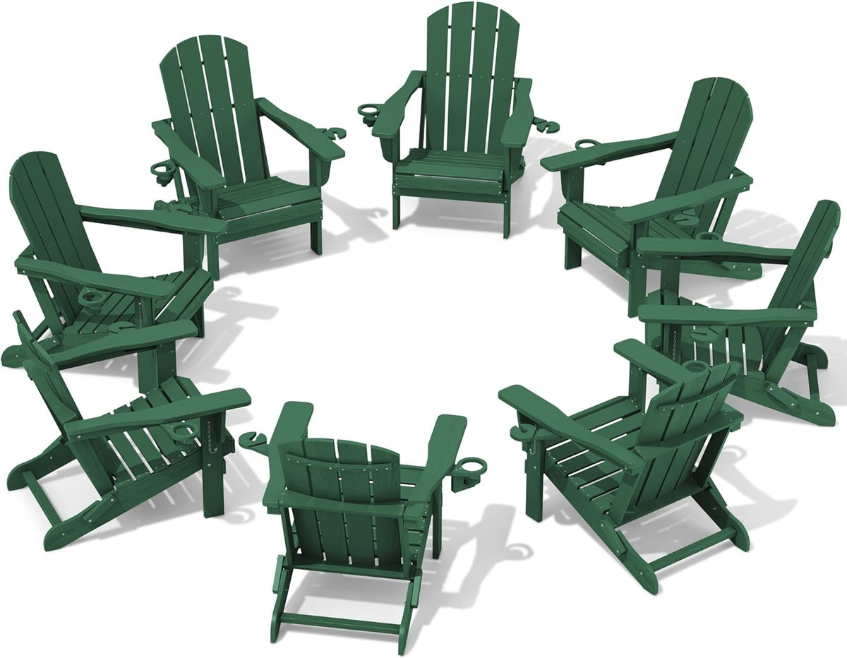 SERWALL Adirondack Chair with Cup Holders - Composite Adirondack Chairs Set of 8 HDPE Outdoor Chairs All Weather Use- Green