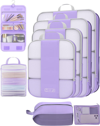 8 Set Compression Packing Cubes for Travel Essentials,Compressible Expandable Packing Cubes for Suitcase,OlarHike Luggage Organizer Bags for Travel,Handy Helper for Organizing Clothes(Light Purple)
