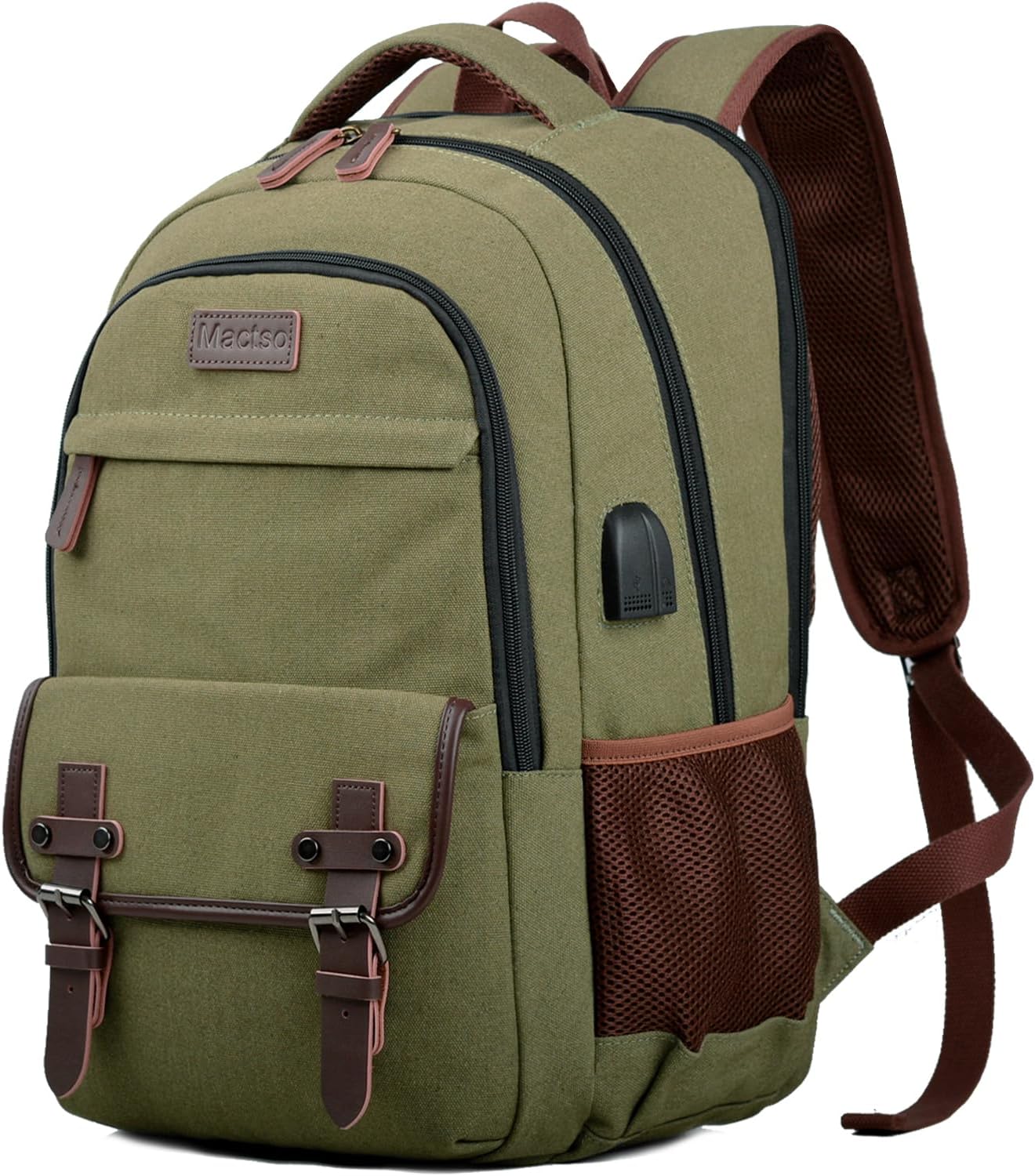 Mactso Canvas Travel Laptop Backpack for Men Women, Business Work Rucksack College Computer Bag Fits 17.3 Inch Notebook,Bookbag with USB Charging Port (Green, 17.3 Inch)