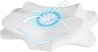 Cervical Neck Pillow for Sleeping, Dual Height Contour Memory Foam Pillow for Neck Pain Relief & Support, Orthopedic Butterfly Pillow for Side, Back & Stomach Sleepers – Cooling Washable Cover (white)