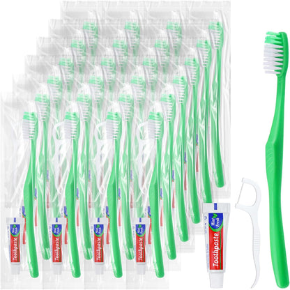 Disposable Toothbrushes with Toothpaste and Floss,10Pcs Green Single Use Individually Wrapped Disposable Travel Toothbrushes and Dental Floss Kit Bulk for Homeless,Airbnb,Hotel,Dentist