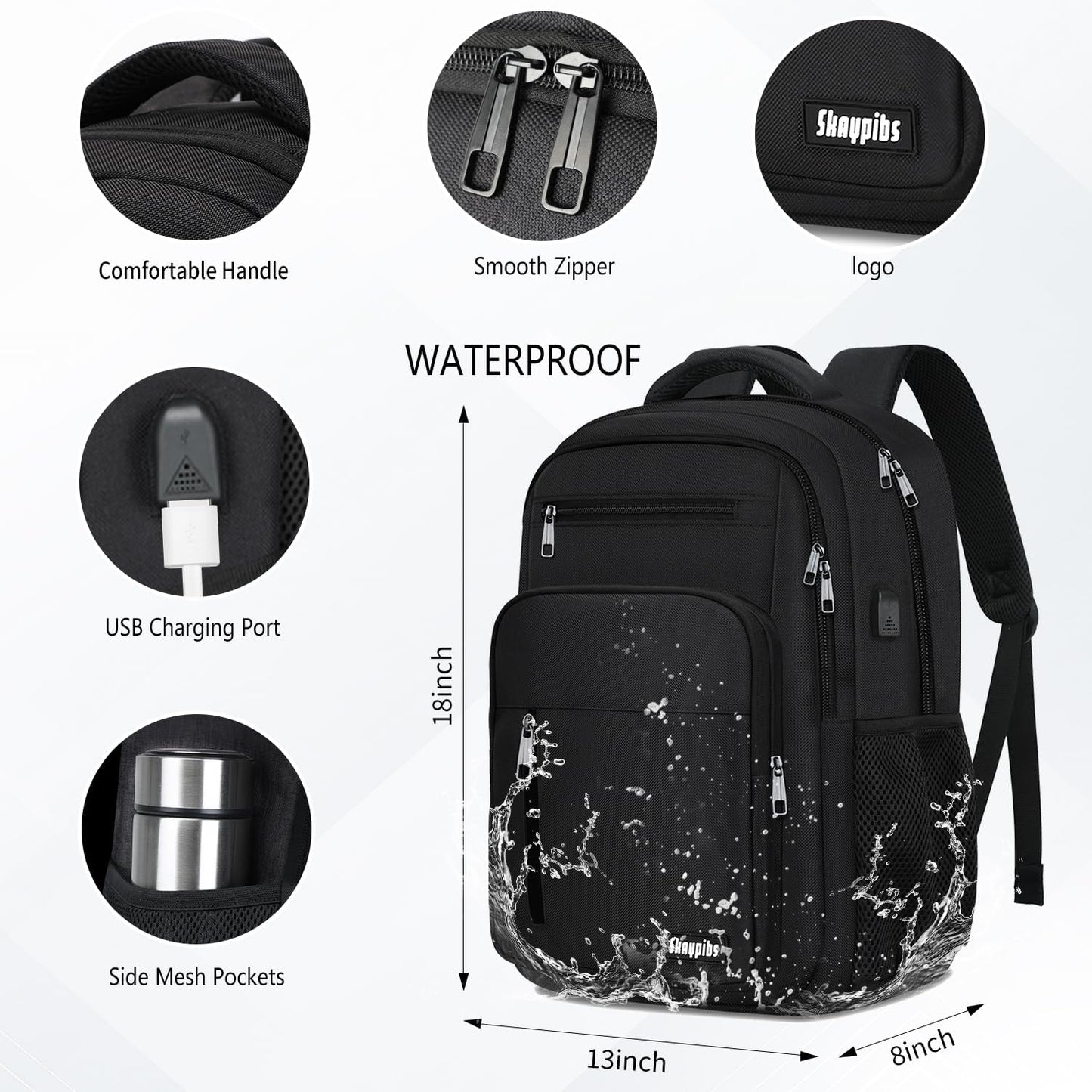 Black Backpack for Men Women, School Backpack for Boys Girls Teens, 15.6 Inch Laptop Backpacks with USB Port, Water Resistent Book bag, Work College Bookbag, back pack, Mochila para hombre
