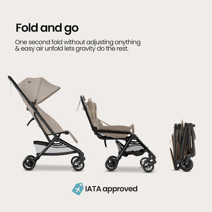 Mompush Velo Lightweight Travel Stroller – One-Hand Fold, Ultra-Compact & Airplane Friendly, Lie-Flat Recline Seat (from Birth to 50 lbs), Includes Cup Holder, Shoulder Strap, and Leather Bumper Bar