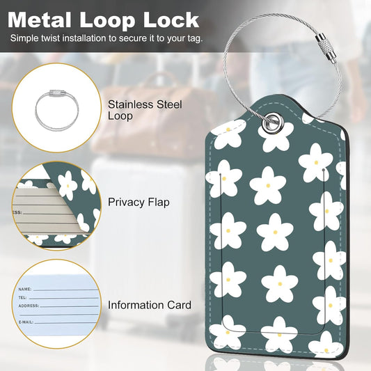 2Pack Luggage Tags for Suitcases, Cute Unique Pu Leather Cruise Luggage Tag with Privacy Cover ID Label Address Card and Metal Ring Suitable for Women Men Kids Travel Bag Little White Flower