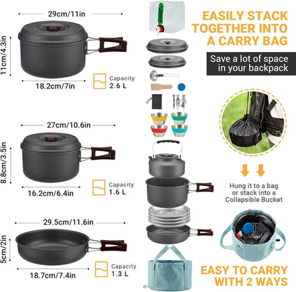 Bulin 24/13/11/8/4 PCS Camping Cookware Mess Kit Lightweight Backpacking Cooking Set Outdoor Cook Gear for Family Hiking, Picnic(Kettle, Pot, Frying Pan, Bowls, Plates, Spoon)
