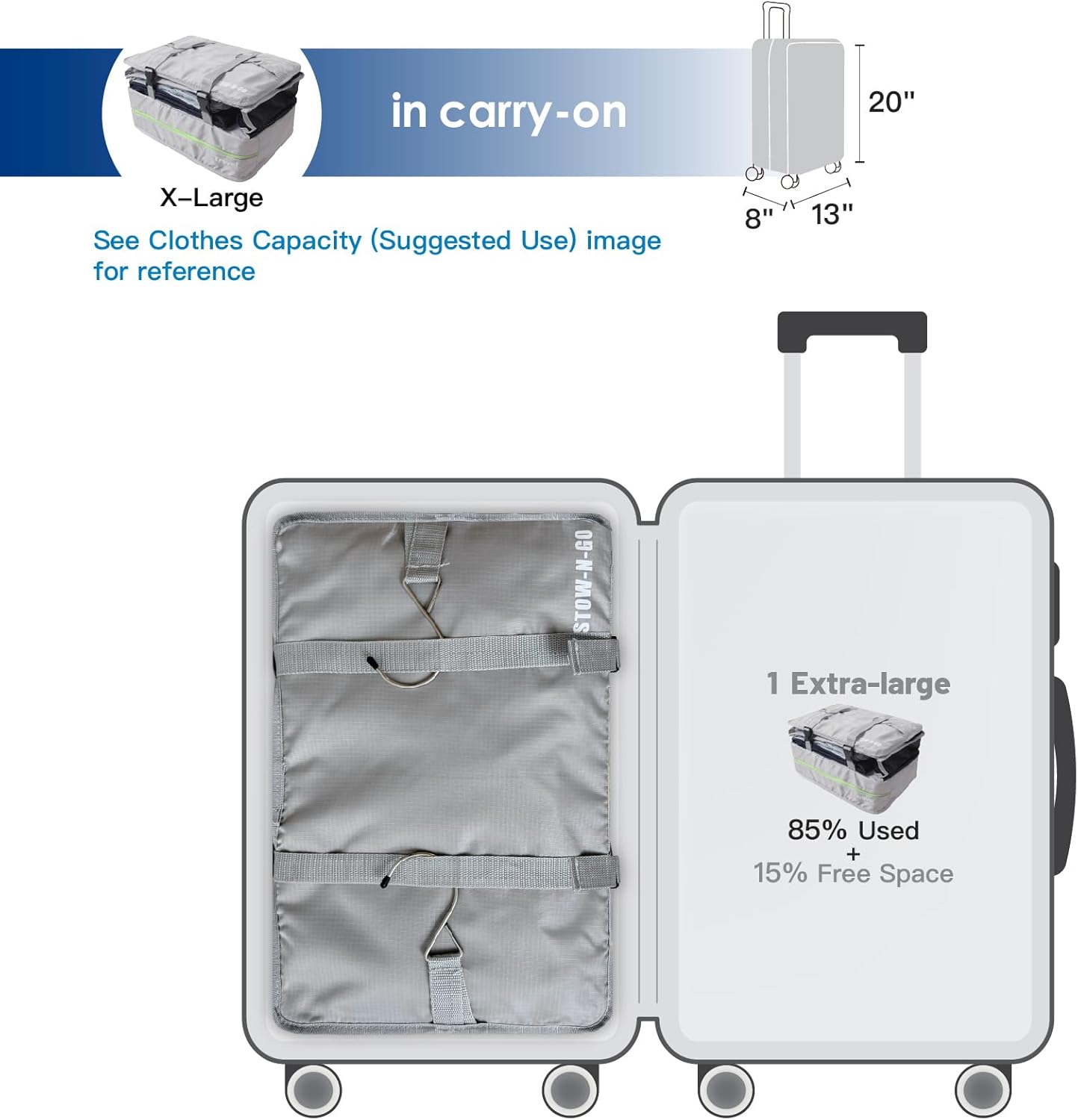 Stow-N-Go Travel Luggage Organizer – Portable Hanging Travel Shelves, Carry-On Closet Organizer, Hanging Packing Cubes, Collapsible Carry-On Organizer for Cruises & Hotels. Light Gray - XL