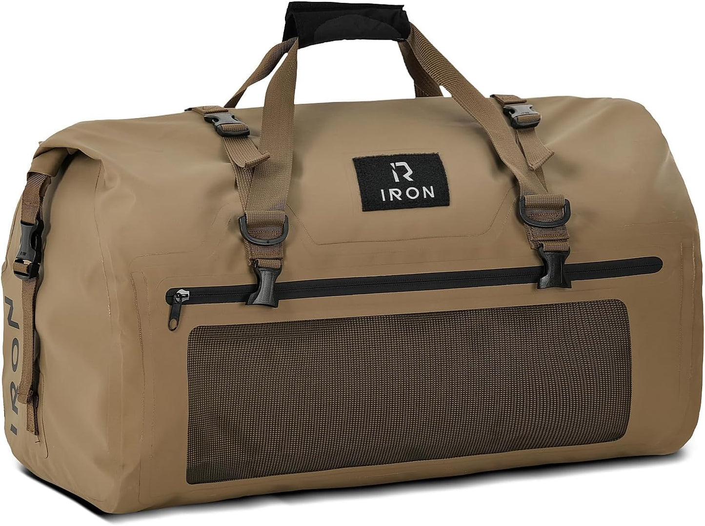 IRON JIA'S Motorcycle Dry Bag - Waterproof Duffle & Luggage Tail Bag Saddle Bags with Roll Top Closure, Shoulder Straps, Inner Pocket and Mesh Pocket (Brown, 70L)