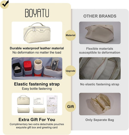 Travel Makeup Bag Organizer Cosmetic Bag: 3 Pcs Set Make up Bags for Women with Handle - Waterproof Vegan Leather Toiletry Bags with Comparments (C-04-Beige)