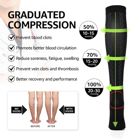 Kickticks 4 Pairs Compression Socks for Woman & Man Unisex 20-30mmHg Knee high Plus Size Wide Calves for Flying Running…