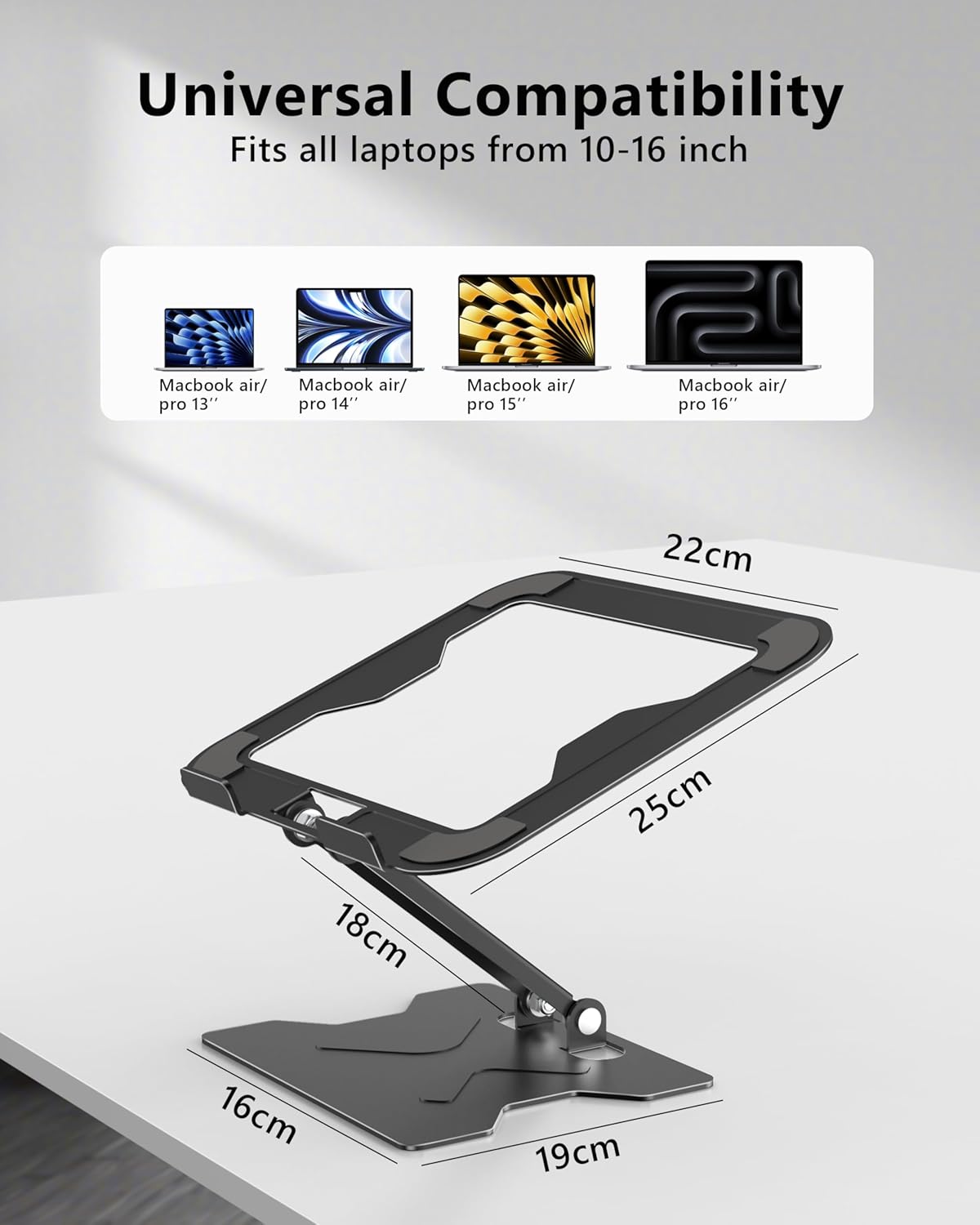 Adjustable Laptop Stand for Desk, Metal Foldable Laptop Riser, Portable Laptop Holder Mount, Ventilated Cooling Notebook Stand for MacBook Air Pro, All 10-16'' Notebooks Laptops, Matte Black