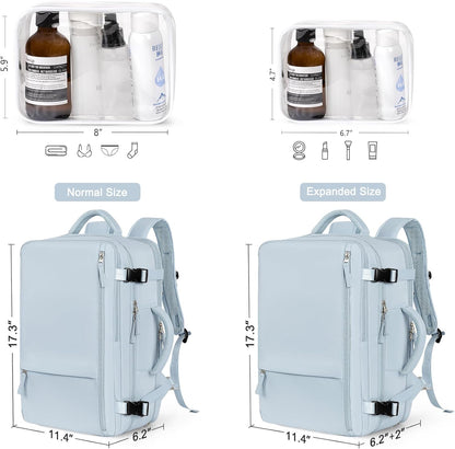 Hanples Large Travel Backpack for Women, 40L Carry on Luggage Backpack, 17 Inch Laptop Backpack with USB Charging Port, Waterproof Casual Bag Gift for Men with 2 Toiletry Bags (Light Blue)