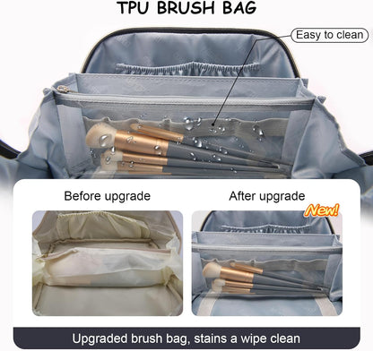 Travel Makeup Bag Organizer Cosmetic Bag: 3 Pcs Set Make up Bags for Women with Handle - Waterproof Vegan Leather Toiletry Bags with Comparments (C-12-Dark Blue)