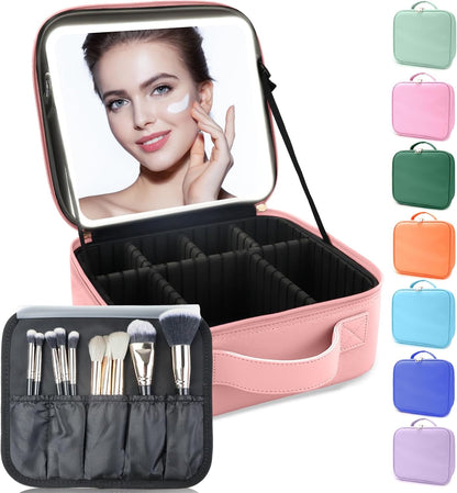 Makeup Bag with Led Mirror,Travel Makeup Organizer with 3 Color Setting, Portable Storage and Adjustable Dividers Travel Makeup Bag(Pink)