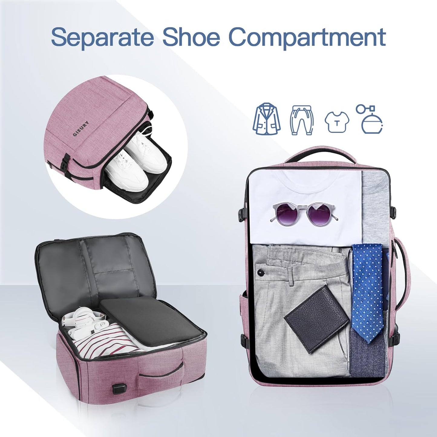 Carry On Backpack, 40-50L Travel Backpack for Men & Women, Expandable Backpack For Airplanes, 17 Inch Laptop Backpack, Luggage Suitcase 40L Daypack Lightweight Business Weekender Bag, Light Pink