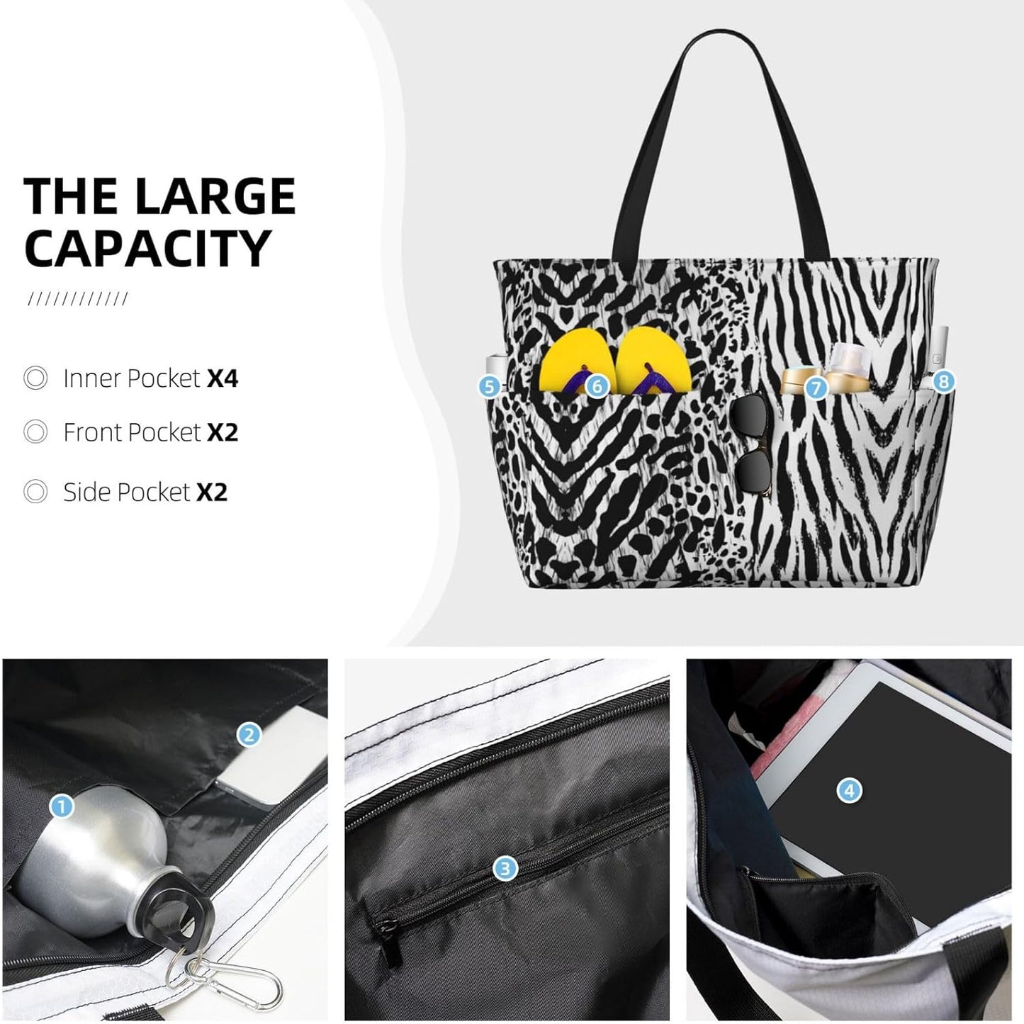 Beach Bag for Women Beach Tote Bag Waterproof Sandproof Large Bags with Zipper Big Capacity for Vacation Travel