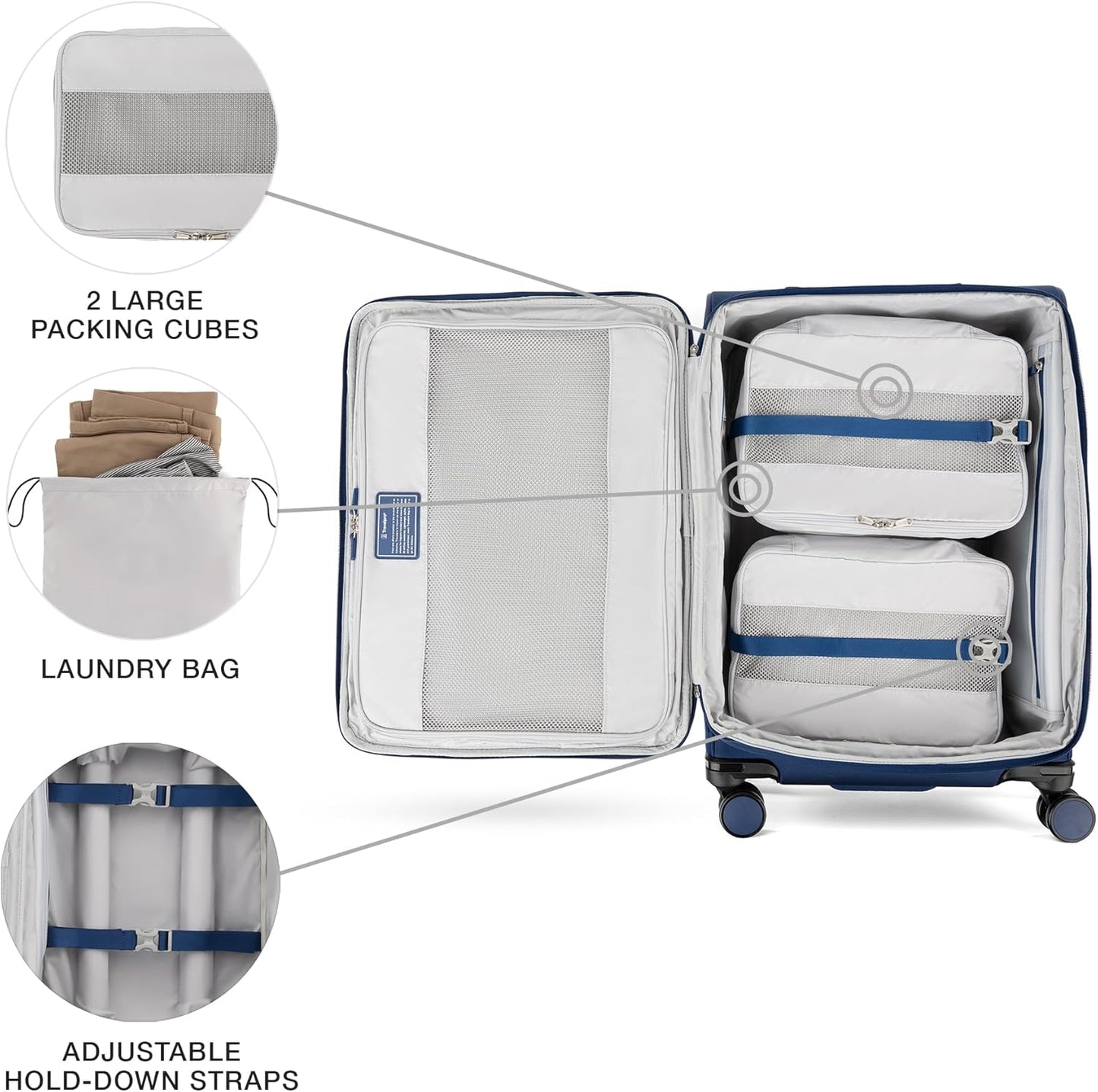 Travelpro VersaPack+ Lightweight Softside Expandable Checked Luggage, 8 Spinner Suitcase, TSA Lock, Men and Women, Checked Medium 25-Inch, Estate Blue