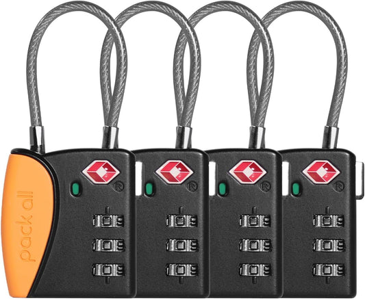 pack all TSA Approved Cable Luggage Locks, 3 Digit Combination Padlocks, Travel Lock for Suitcases & Bag, Alloy Body, Travel Accessories (4 Pack)（Orange）