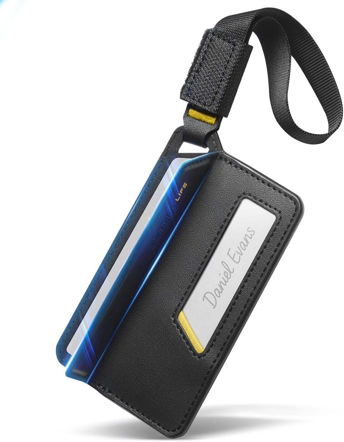 Spigen Life Luggage Tags Premium Velo Vegan Leather ID Label for Suitecase Travel Bag Accessories with Magnetic Closure Privacy Protection Design Durable Strap - Black (1 Pack)