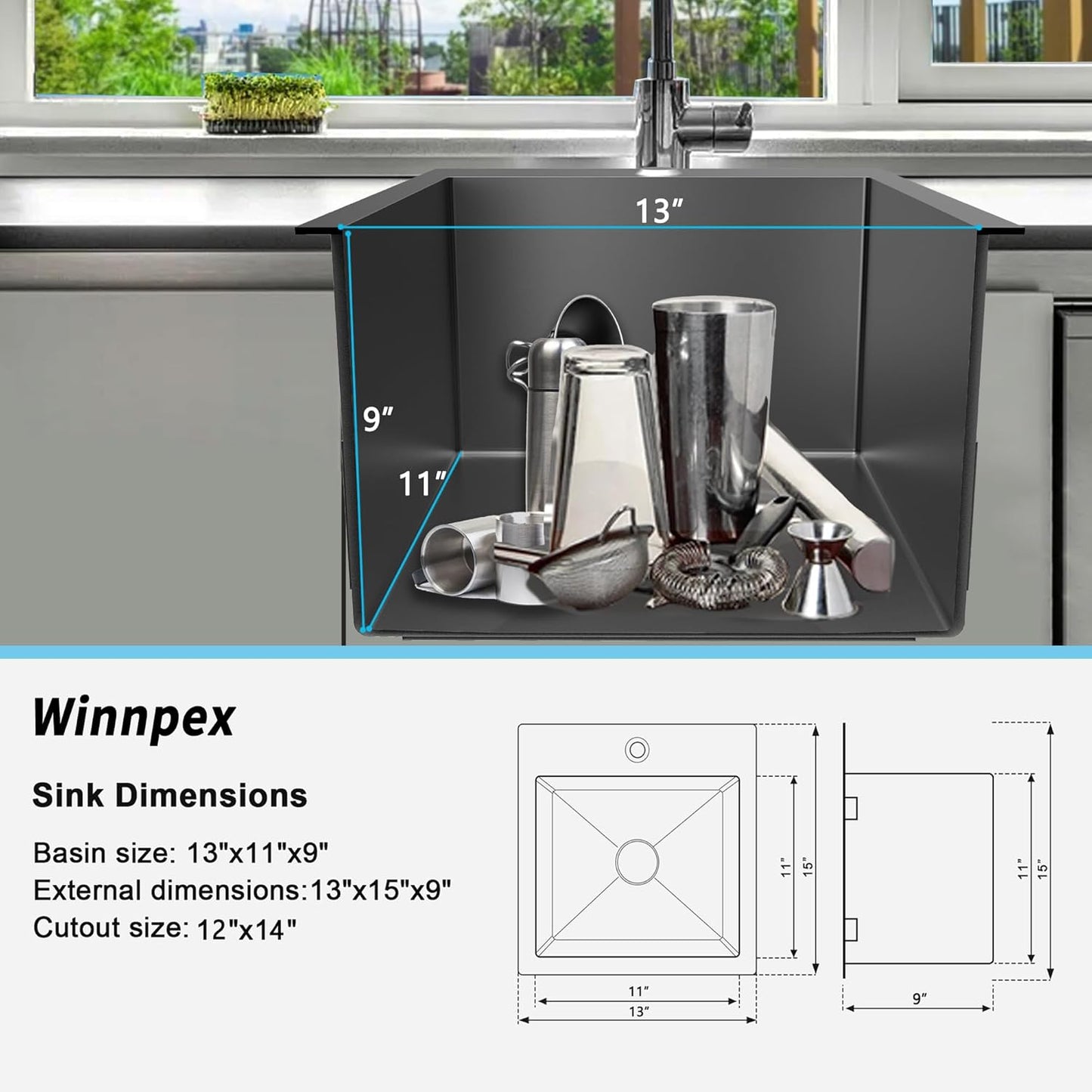 13 x 15 inch Drop in Bar Sink Black, Small Topmount Kitchen Sink Single Bowl 18 Gauge Handmade Wet Bar Sink with Drain