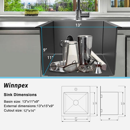 13 x 15 inch Drop in Bar Sink Black, Small Topmount Kitchen Sink Single Bowl 18 Gauge Handmade Wet Bar Sink with Drain