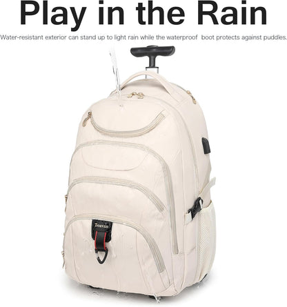 Boavan Rolling Backpack for Women, 17.3 Inch Wheeled Laptop Backpack,Large Travel Carry-On Bag for Teachers College Students, USB Charging Port Waterproof Business for Airplane Overnight Luggage，Beige