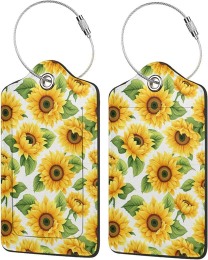 Lovely Sunflower Leather Luggage Tag with Stainless Steel Ring, Fun Name Id Card Cover Travel Bag Tag Set, Suitable for Travel Bag Luggage Women Men 2 PCS