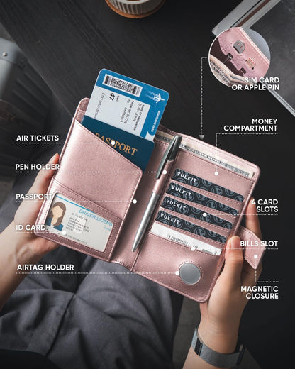 VULKIT Passport Holder with Airtag Holder RFID Blocking Passport Wallet Travel Leather Passport for Women(Pearl Pink)