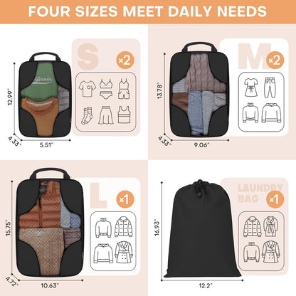 6 Set Compression Packing Cubes Bags for Travel Women, Compression Bags Organizer for Packing Luggage Space Saving, Suitcase Organizer Bags Set for Travel Essentials - Black