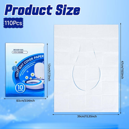 110 Pcs XL disposable flushable toilet seat covers 100% Wood Pulp Cotton for Travel Public Toilets for Adults and Toddlers & Kids | Compact Universal Toilet seat Cover