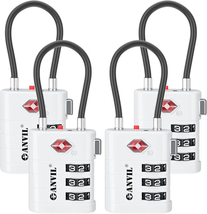 ANVIL TSA Approved Luggage Locks – High Security TSA008 Combination Travel Locks with Inspection Indicator for Suitcases and Backpacks. (4, White)